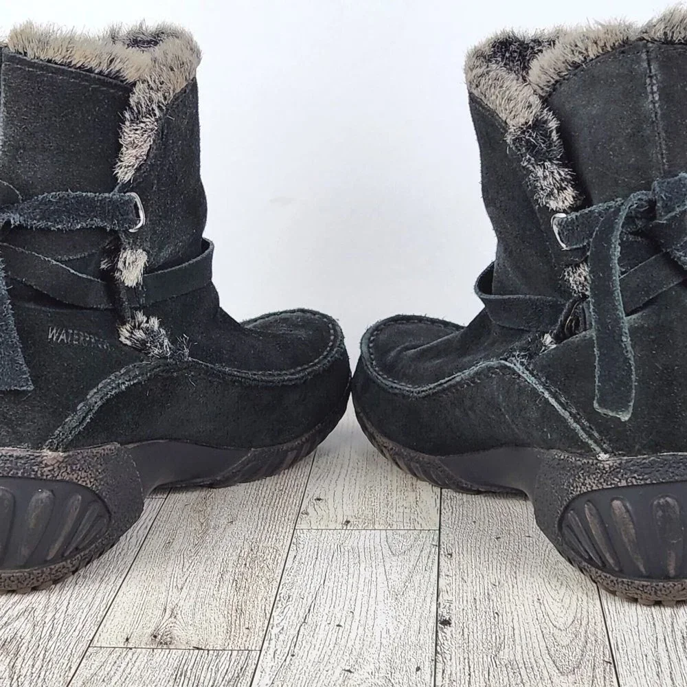 Khombu Womens Ankle Boots Size 7 Black Leather Faux Fur Collar, Leather Tie Up